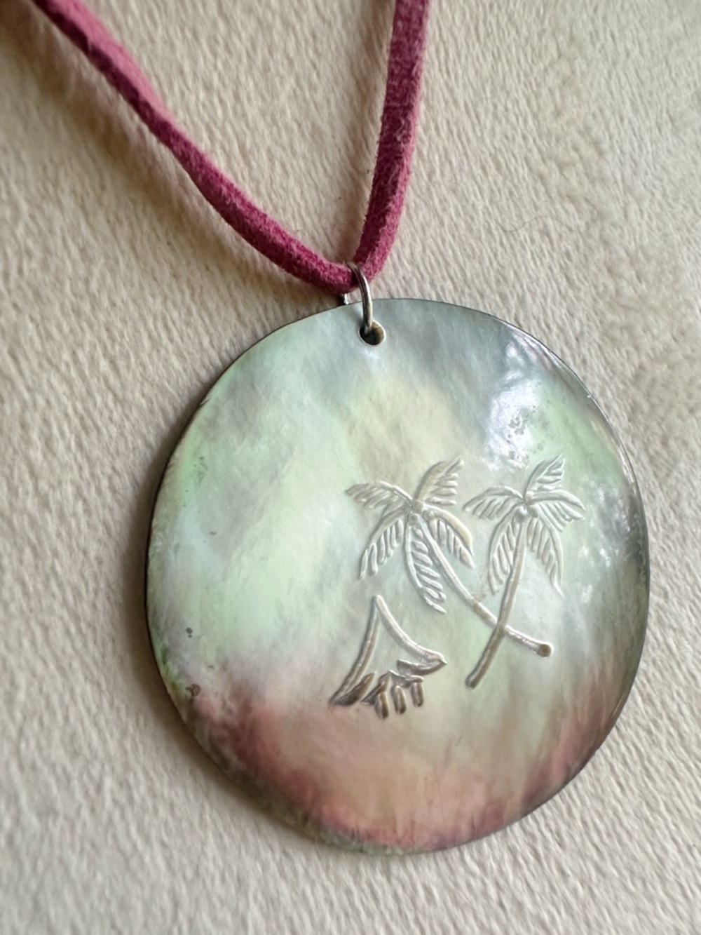 Premiere Designs Round Mother-of-Pearl Palm Tree Pendant on Pink Suede Cord